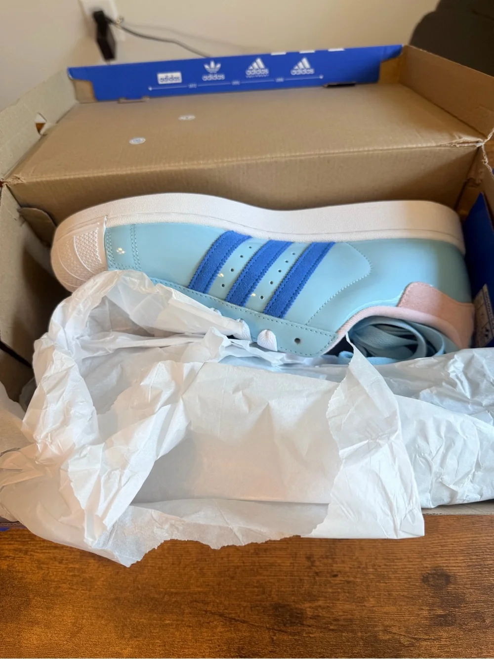 Adidas Men’s Superstar Sneakers - Light Blue with Pink Stripes 13M